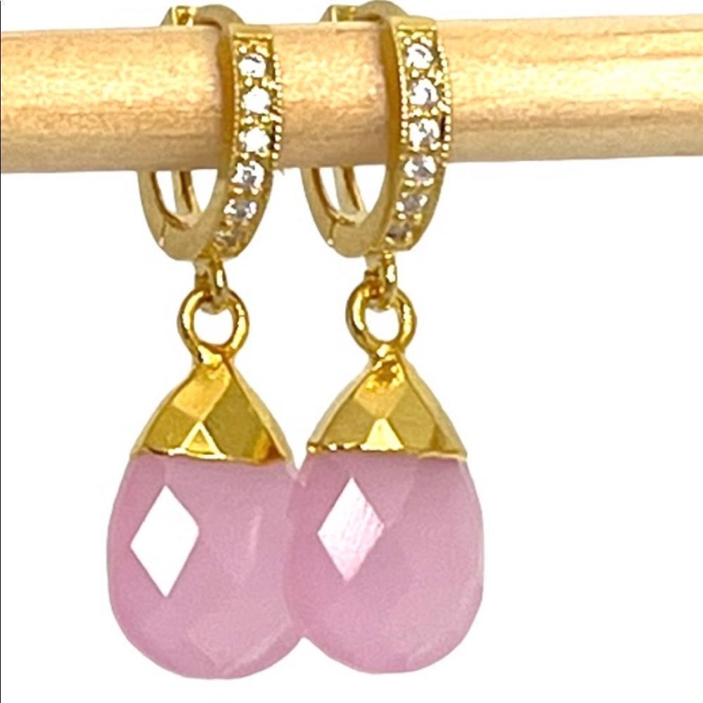 Huggie hoop gold earrings for women with pink chalcedony genuine gemstone charms